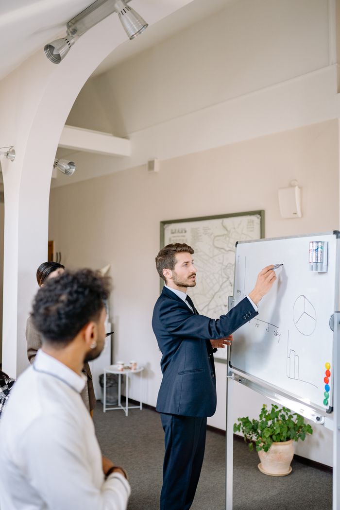 Crafting Captivating Headlines: Your awesome post title goes here Business professionals engaging in a whiteboard presentation during a team meeting.